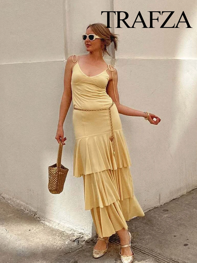 Hh feminino verão nova moda sexy em camadas decoração com decote em v sem mangas midi vestido feminino temperamento fino estilingue vestido longo