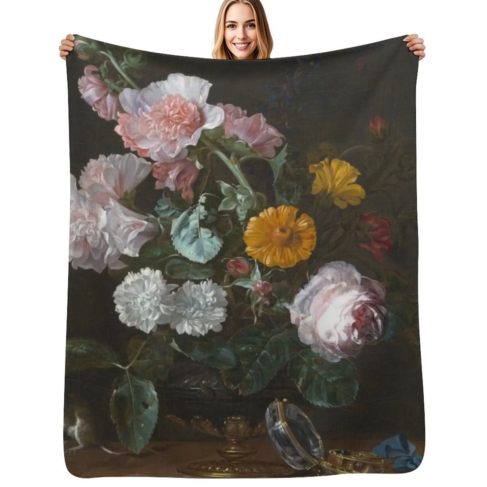 Willem Van Aelst - Vanitas Flower Still Life Throw Blanket Travel Size Cozy Blanket for Plane Train