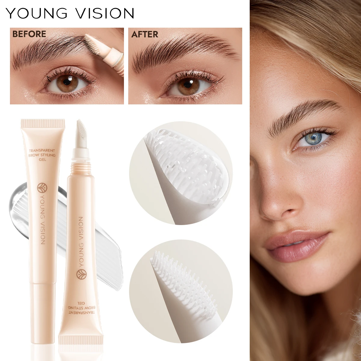 YOUNG VISION Gel à sourcils transparent avec tête de brosse intégrée pour un coiffage durable et un gel à sourcils fin