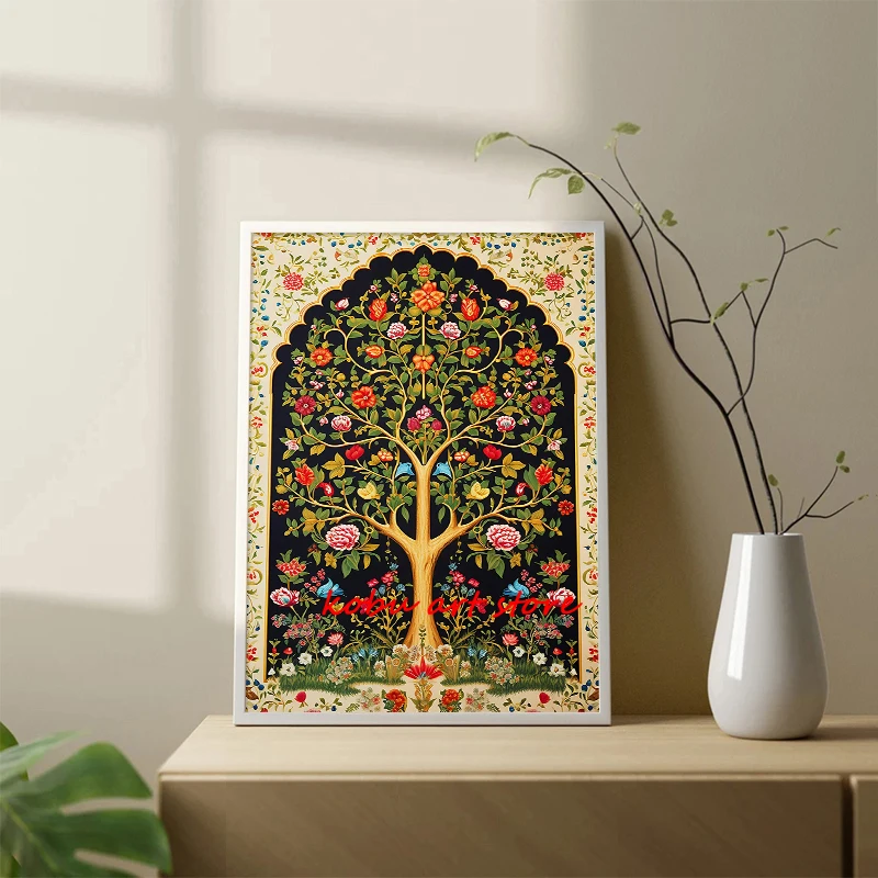 Indian Folk Art Floral Pattern Tree of Life Peacock Vintage Poster Canvas Painting Print Wall Picture for Living Room Home Decor