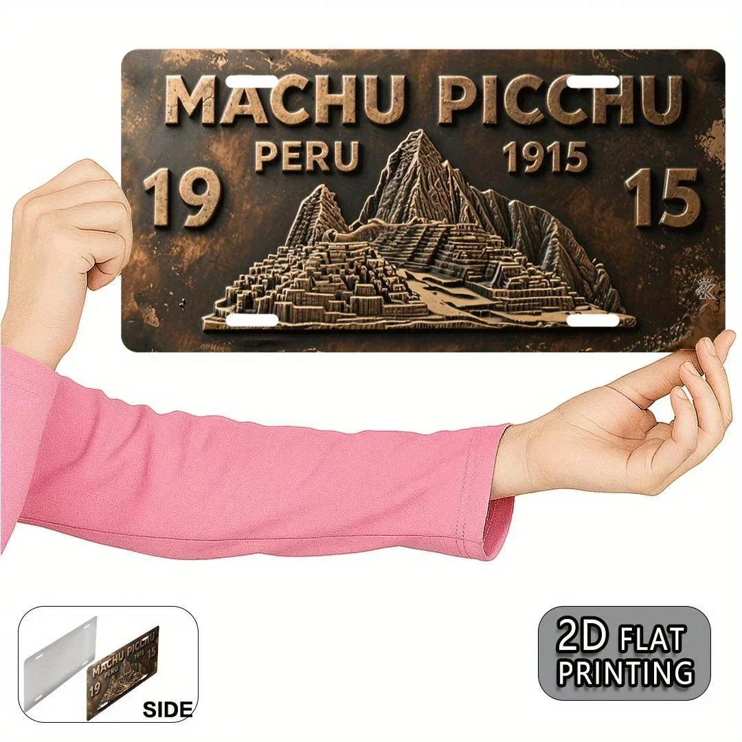 Plaque murale en métal aluminium vintage Machu Picchu Pérou 2D plate, 1 pièce - 15x30cm, art mural rustique avec paysage de mont
