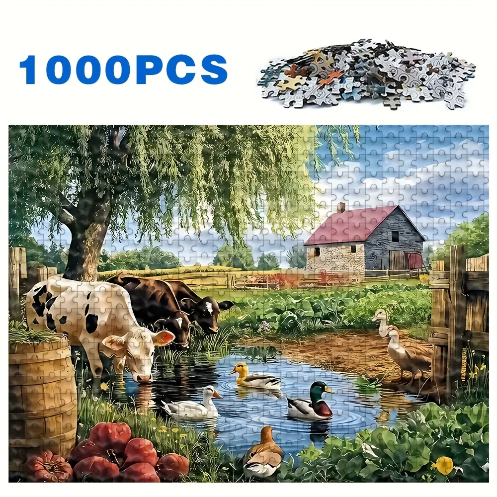 500-2000pcs-farm-animals-by-pond-puzzle-pastoral-scene-with-cows-ducks-under-willow-tree-countryside-jigsaw-for-family-fun