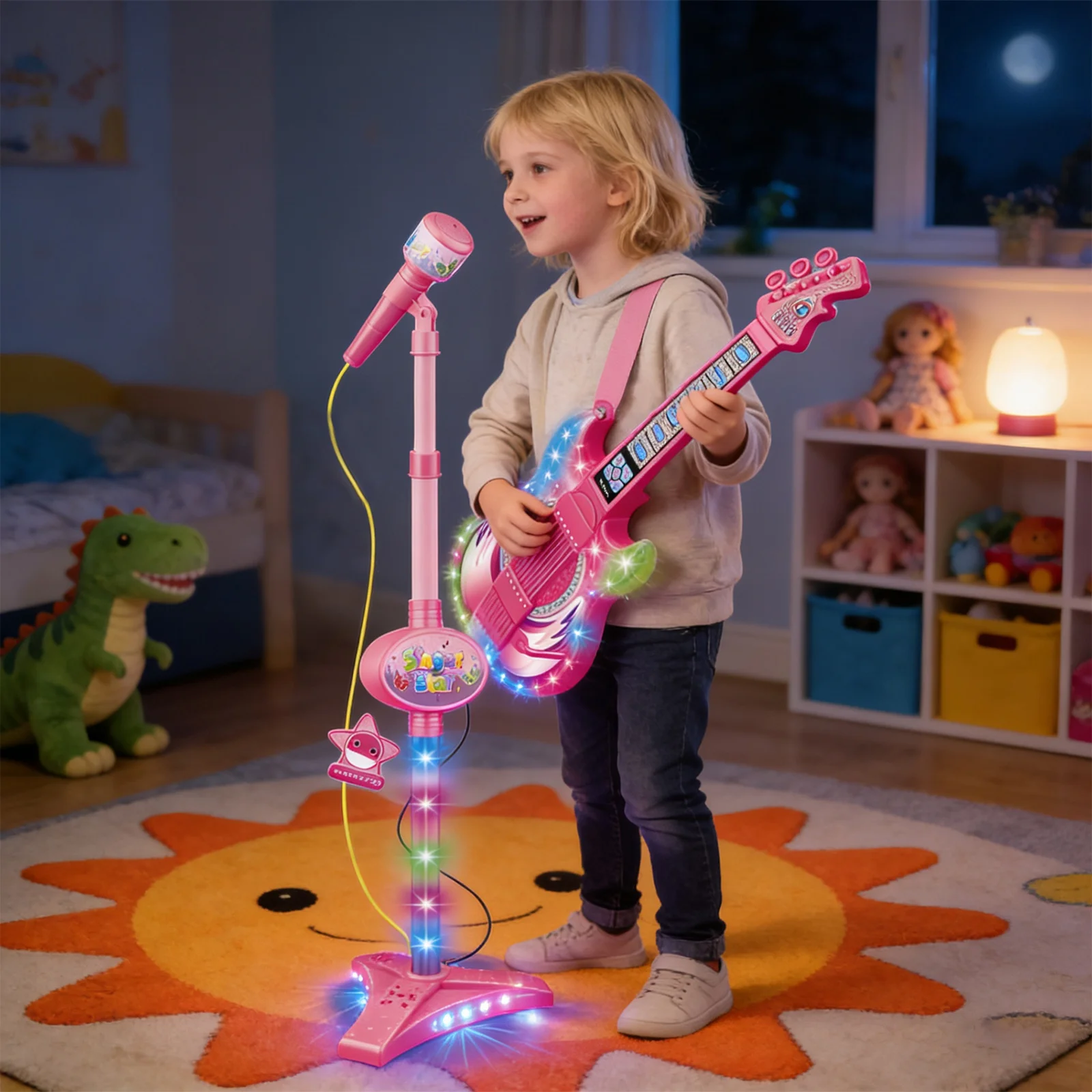جيتار وردي ميكروفون واحد 2 في 1 لعبة تفاعلية لأداء الأطفال أضواء ملونة ألعاب الآلات الموسيقية #2