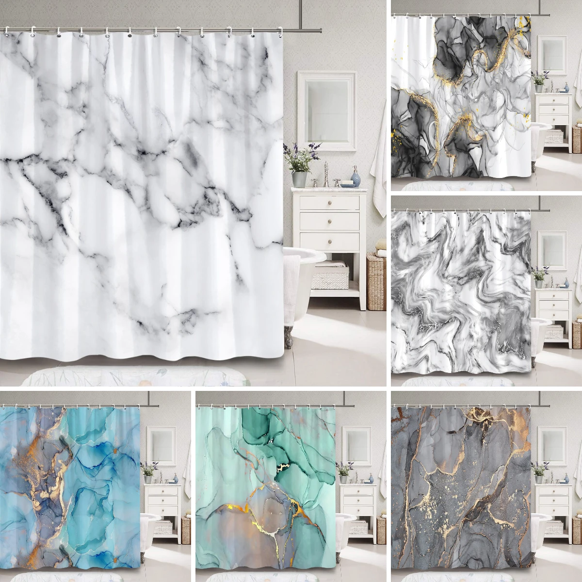 Marble Natural Luxury Abstract Fluid Texture Shower Curtain Free Flowing Metal Swirl Texture Fabric Bath Curtains Bathroom Decor