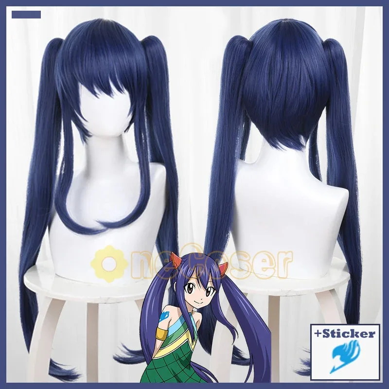 Peluca de Cosplay de Wendy Marvell, tatuaje de cola de Hada de Anime, pegatina Sky Dragon Slayer, pelo de cola de caballo azul resistente al calor + gorro de peluca