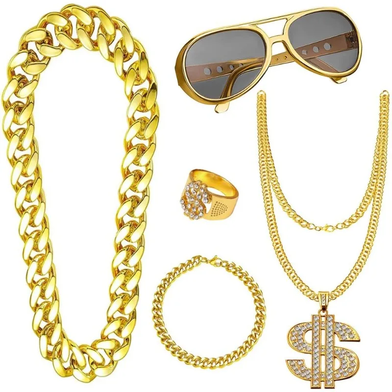 5pcs Hip Hop Costume kit,80s Fancy Dress Accessories,Fake Gold Chain /Bracelet,Necklace,Ring,Hippie Glasses Adult Disco Outfit
