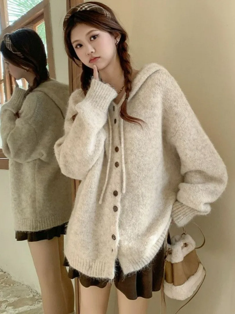 

Премиум Feel, осень-зима, новый женский свободный повседневный вязаный однотонный открытый кардиган с капюшоном, свитер, верхняя одежда