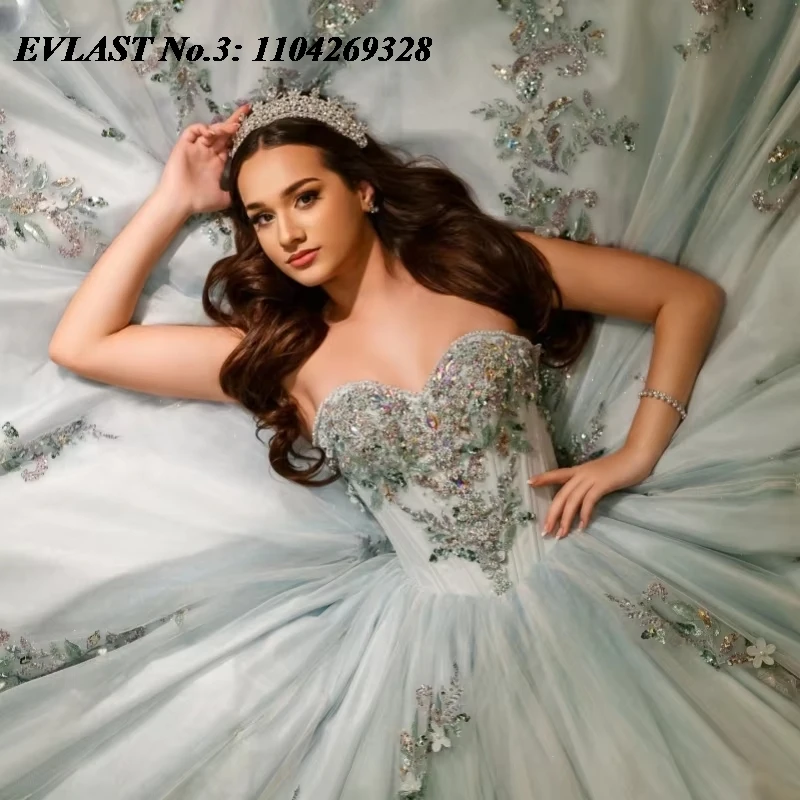 EVLAST ที่กําหนดเองเงา Turquoise Quinceanera ชุด Applique Sequins ประดับด้วยลูกปัดรัดตัวหวาน 16 ชุด Vestidos 15 De XV Años E3Q893