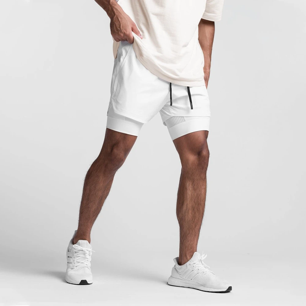 Calções de ginástica de camada dupla masculino com bolsos, branco, respirável, secagem rápida, casual, corrida, corrida, rua, bolsos