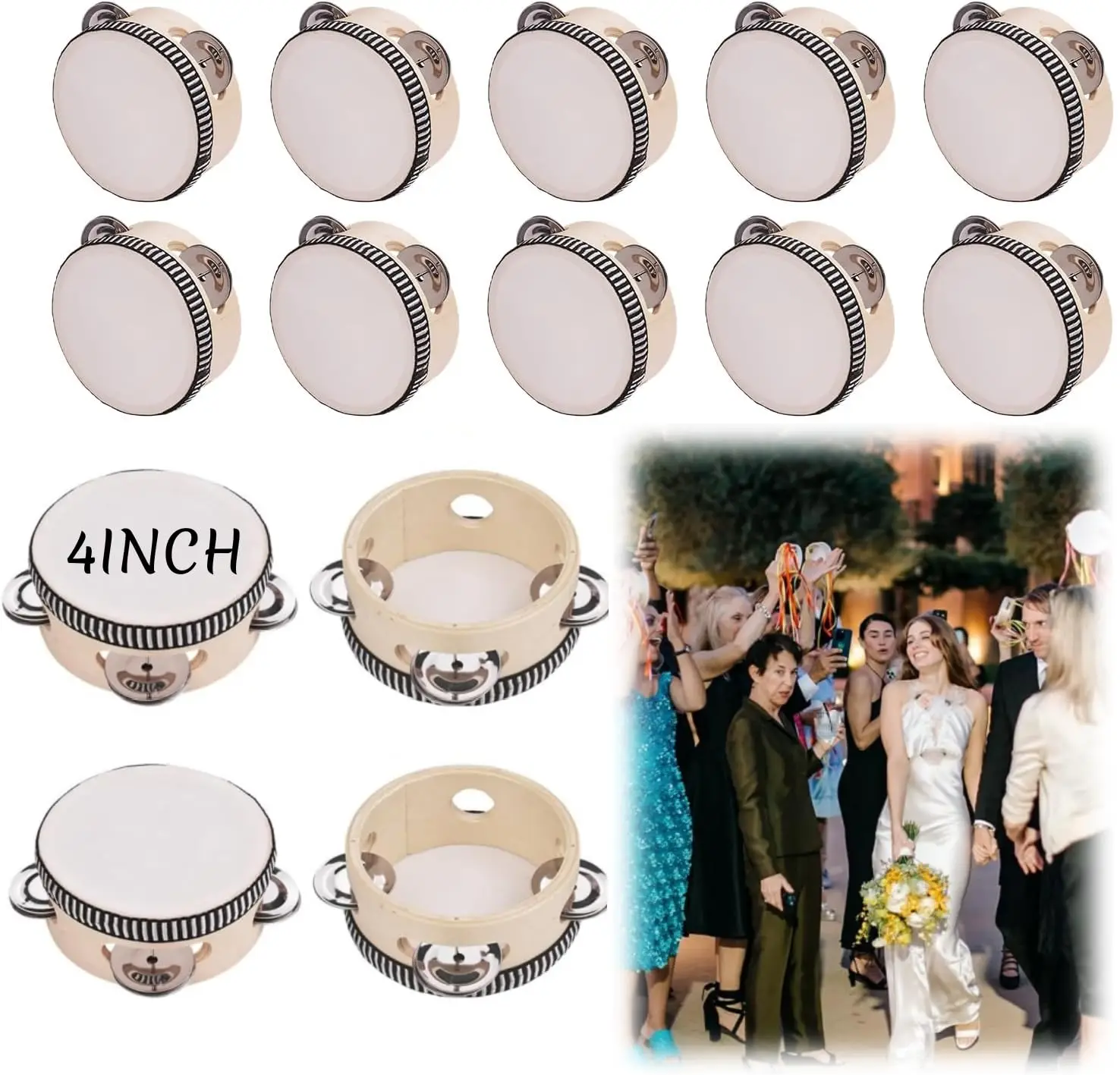 

6-60Set Tambourine for Adults Wooden Hand Held Drum with Metal Jingles Percussion Gift Musical Instrument for Wedding Party Game