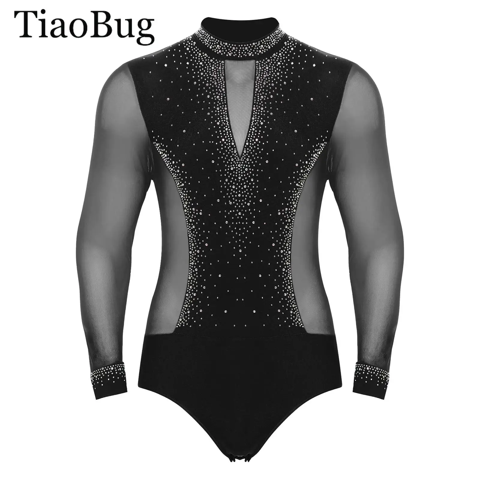

Men Latin Dance Outfits Long Sleeve Rhinestones Mesh Ballet Dance Leotard And Pants Skating Tango Chacha Gymnastics Bodysuit Set