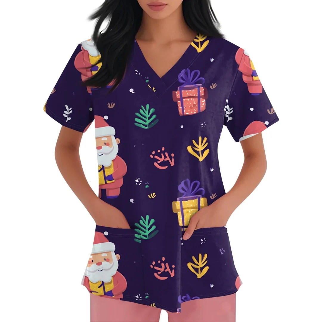 الزي السريري للنساء قصب الحلوى سانتا كلوز طباعة عيد الميلاد الخامس الرقبة الدعك المرأة موضة قصيرة الأكمام الزي الجراحي للنساء