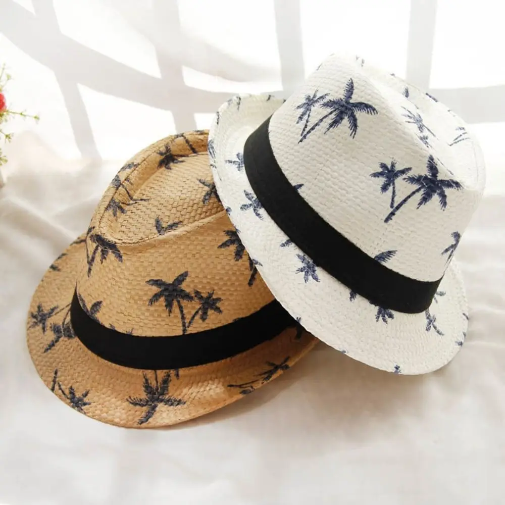 Summer Coconut Trees Pattern Straw Hat Wide Brim Breathable Beach Cap UV Protection Casual Jazz Hat Children