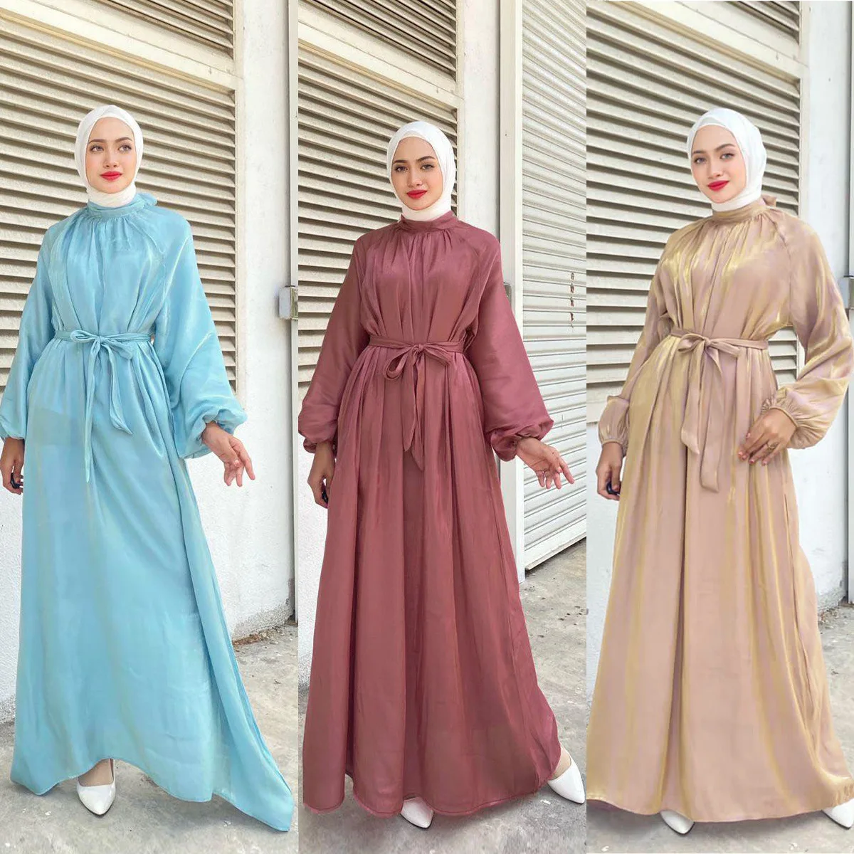 

Kaftan Ramadan Muslim Women Shiny Abaya Belted Maxi Dress Eid Femme Musulman Lounge Vestidos Islamic Clothing Jalabiya Robe Gown