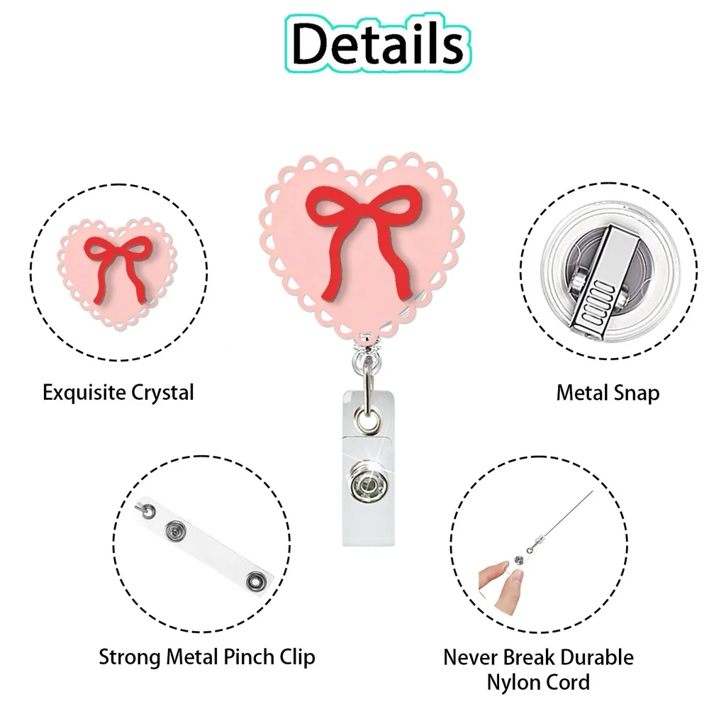 Retractable Lace Heart Bow Badge Reel Cute Extendable Id Badge Clip For Nurse School Office Staff Id Card Holder Badge Clip