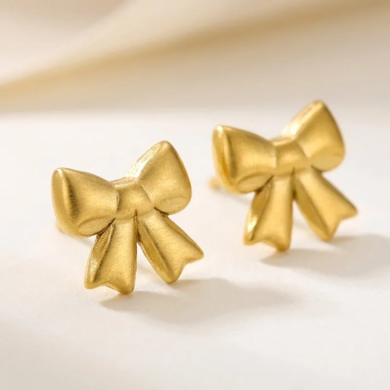 Minimalist Cute Three-Dimensional Bow Earrings Vacuum-plated stainless steel ribbon bow earrings Women's Sweet Daily Accessories