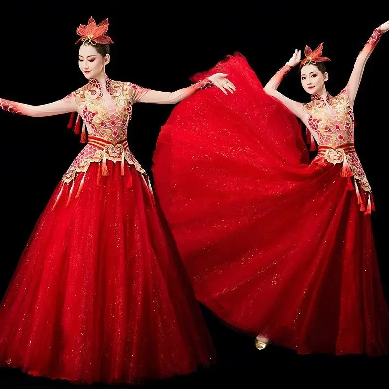 

Женский классический танцевальный костюм с длинными рукавами, открывающийся танец для современных женщин, танцевальное платье, китайская сценическая танцевальная юбка