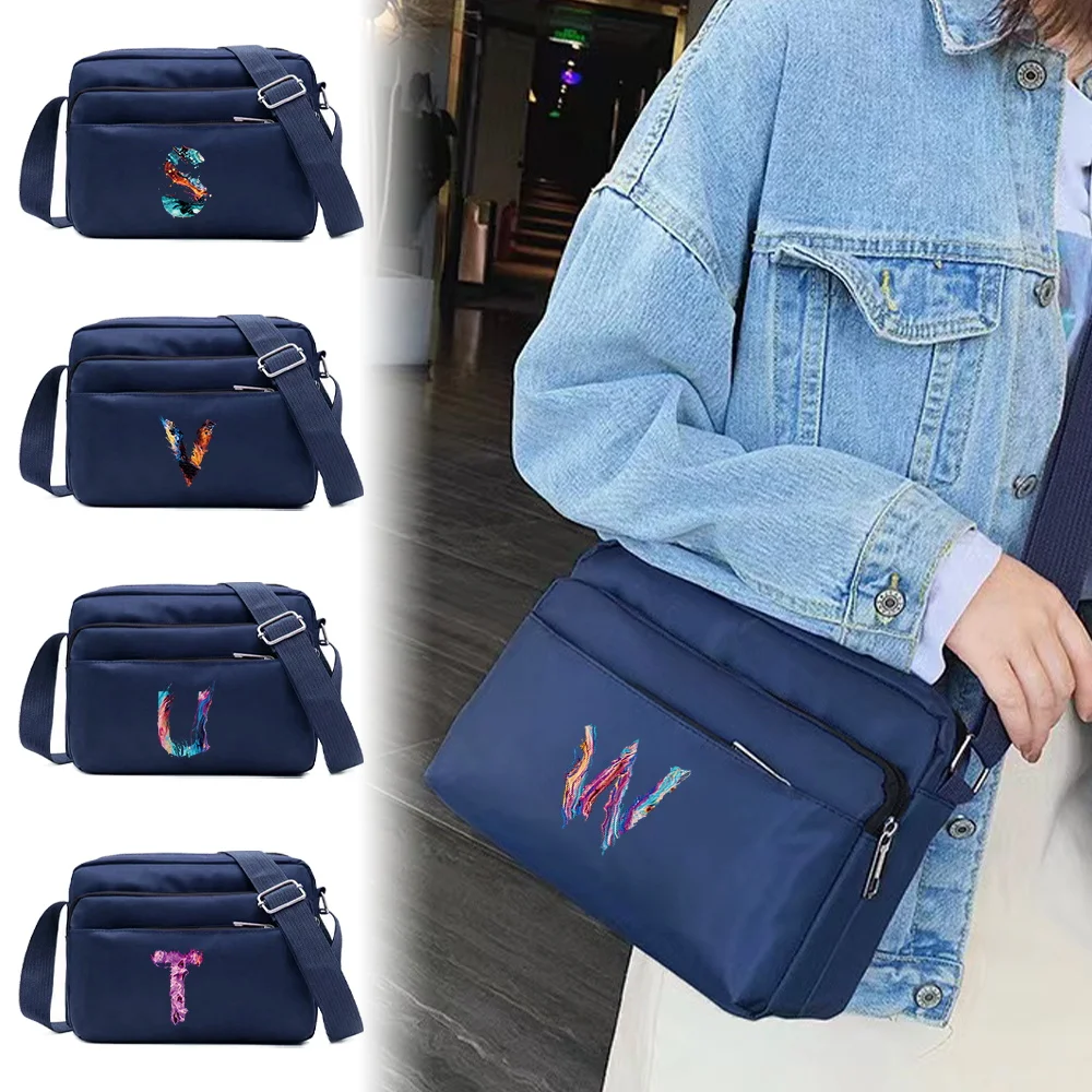 Large Capacity Travel and Commuting Storage Blue Bag Multi-layer Paint Letter Series Printing Pattern One Shoulder Crossbody Bag