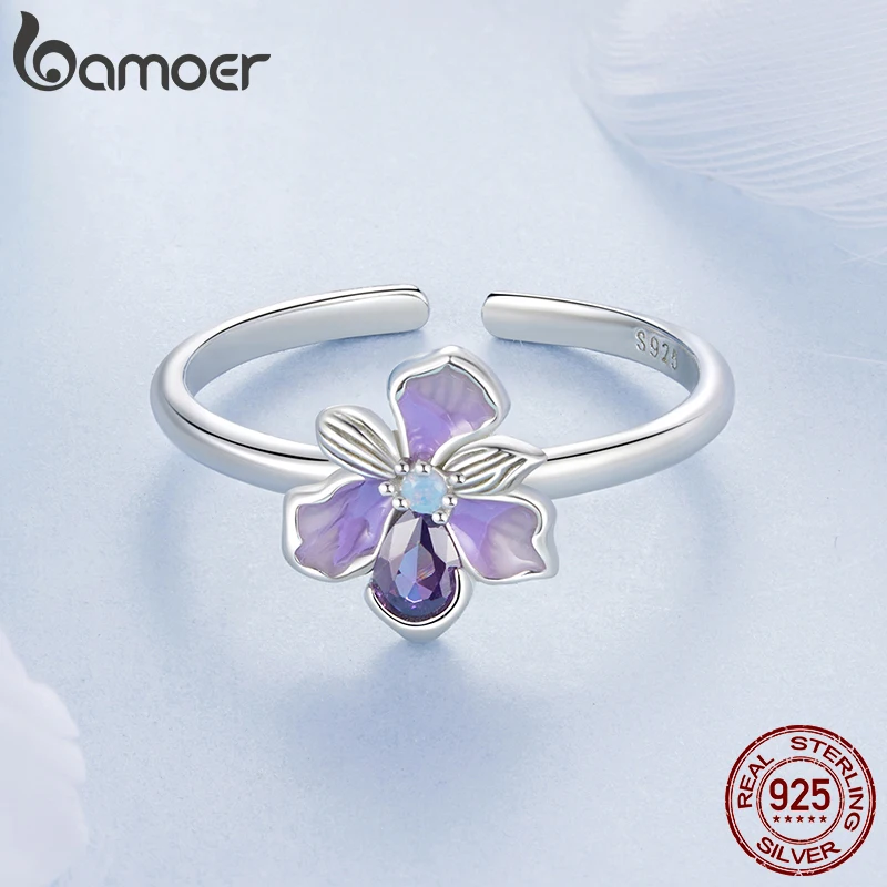 Bamoer 925 Sterling Silver Original Iris Flower Open Ring Butterfly Earrings Purple Romantic For Women Party Fine Jewelry Set