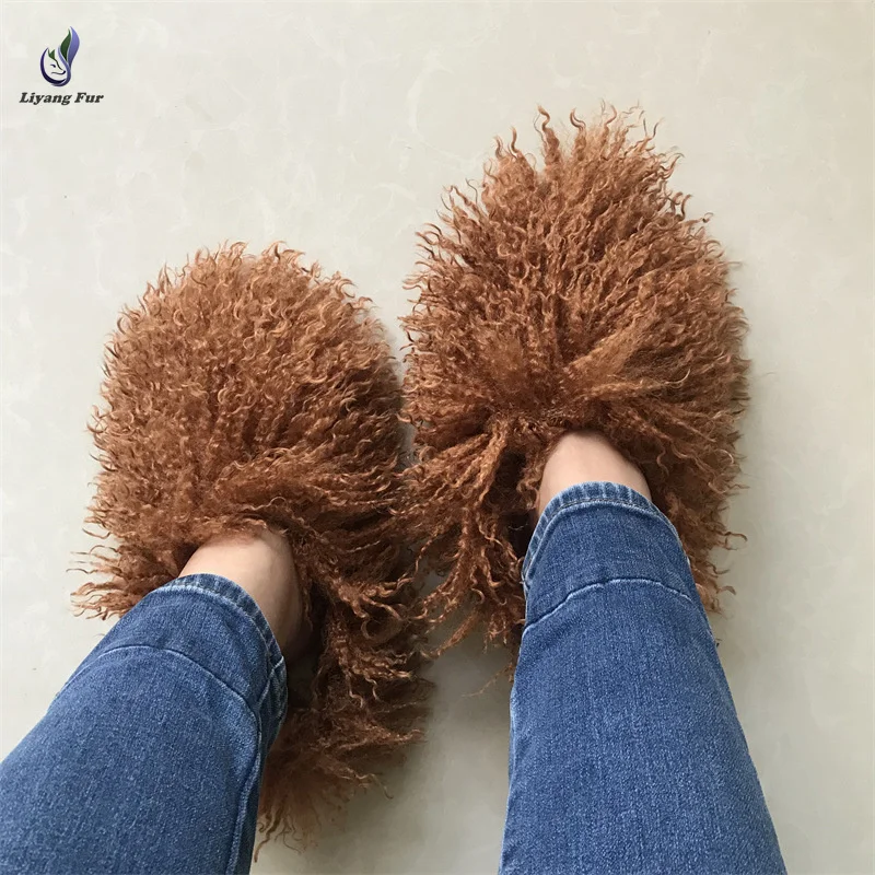 High Quality Hot Selling Custom Faux Fur Slippers Slides Fashion Fluffy Fuzzy Faux Mongolian Fur Slides