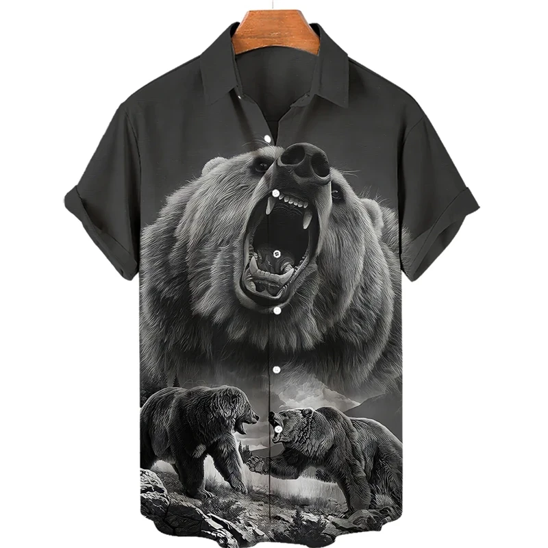 

Summer Hawaiian Shirt New Men's Short-sleeved Tops 3d Print Oversized Hip Hop Blouse Street Bear Graphic Casual Vintage Men Tees