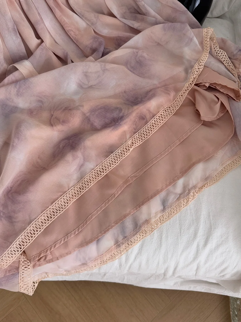 Romantic Pink Lace Trim oulder Gown with Floral Print Chiffon ort A-Line Skirt with Lantern Sve High Waist Summer Dr