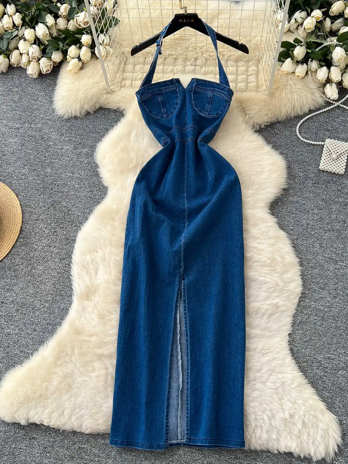 

Women's Blue Denim Long Dress 90s Vintage Off Shoulder Jean Dresses with Slit Y2k Elegant One Piece Frocks Clothes Summer 2025