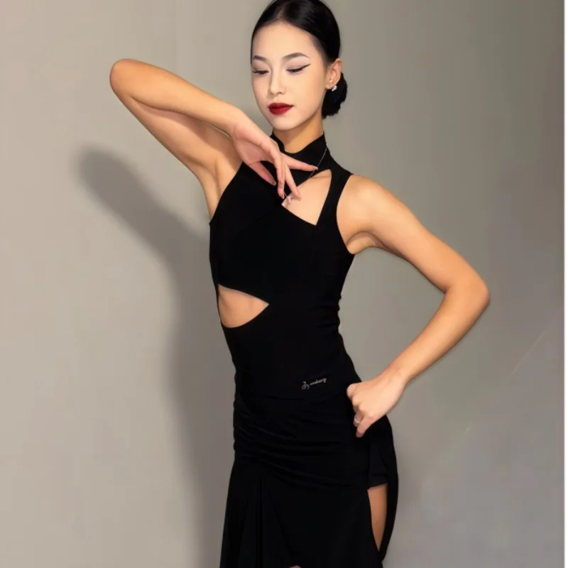 

Customized Latin Dance Clothes Adult Practice Dress with Split Open Hollow Slimming Sleeveless Dance Outfit