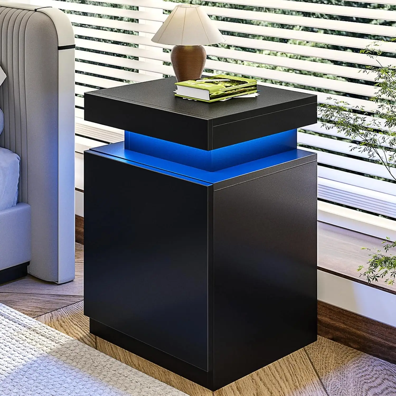 

LED Nightstand with Charging Station, Sliding Top Storage, Bedside Table with Drawer, Black