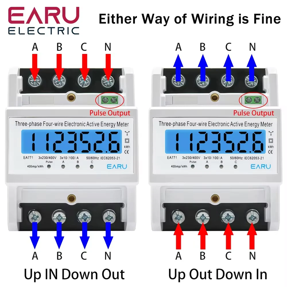Din Rail 380V 3 Phase 4 Wire Energy Meter Power Consumption Monitor kWh Meter Wattmeter Bivolt 100A AC 50Hz 60Hz LCD Backlight view 3