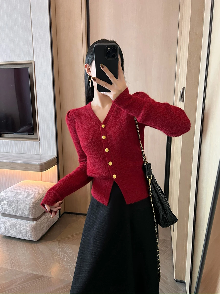 

Красный вязаный свитер, пальто, новинка весны, ультра красивый женский трикотаж Fortunes Year, длина V-Ne Long Sve