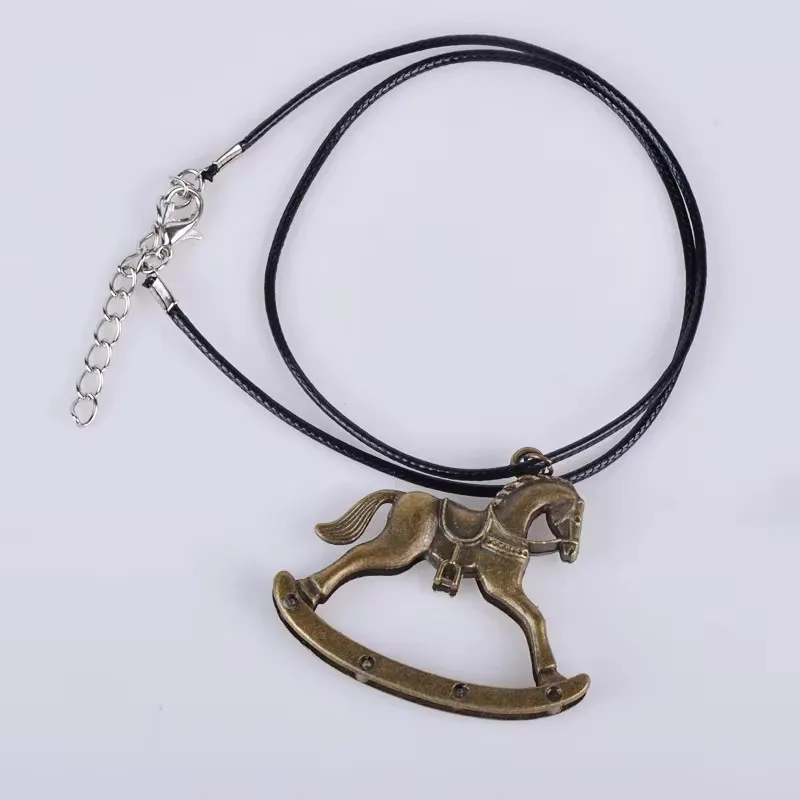 41*47Mm Vintage Bronze Antique Metal Rocking Horse Pendant Necklace Women Wax Cord Rope Necklace Jewelry Fashion Alloy Jewellery