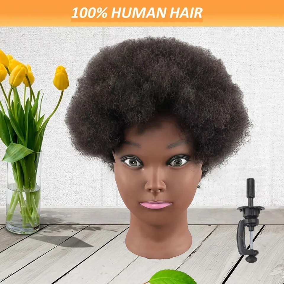 

6'' Afro Hair Training Head Mannequin Head With 100% Human Hair Training Head For Hairdresser With Clamp Stand++Free Clamp Hold