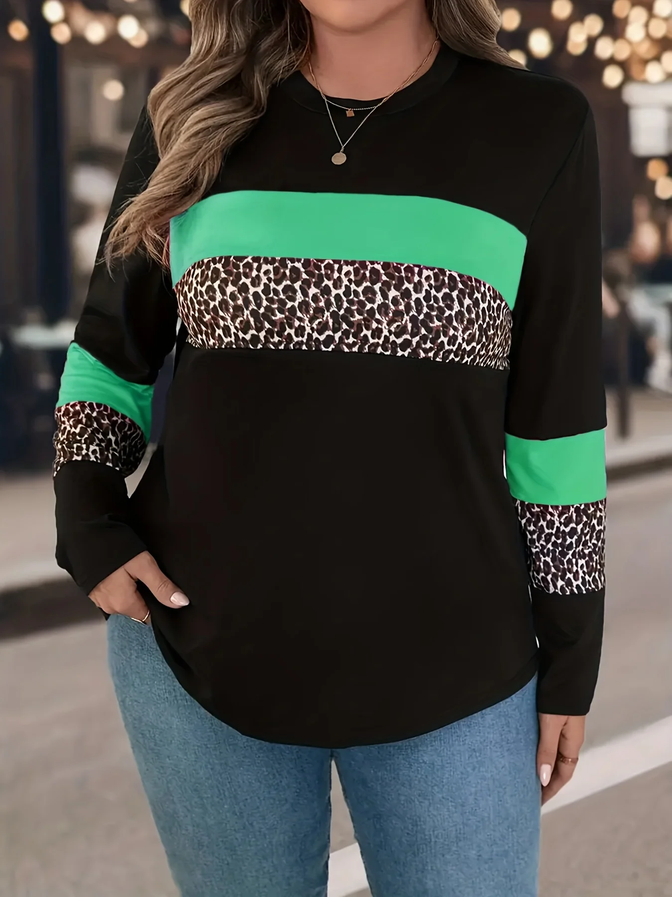 Elegantes Farbblock-T-Shirt in Übergröße, bedruckt, Rundhalsausschnitt, lässiges T-Shirt, perfekte Wahl für Frühling und Herbst, Kleidung in Übergröße.