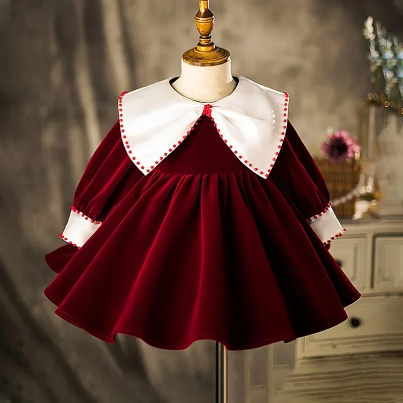 2024 Wine Red Flower Girl Dress for Wedding Long Sleeve Baby Girls Christmas Clothing Kid's 1st Year Birthday Party Infant Gown