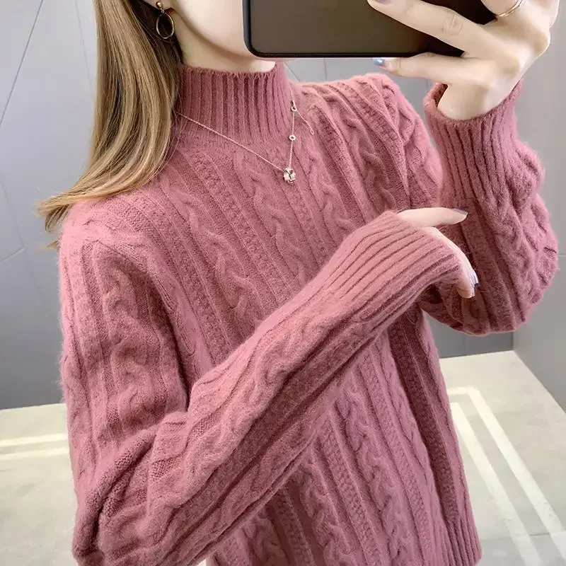 2023 New Women's Clothing Knitted Half High Collar Long Sleeve Thick Loose Commuter Casual Solid Color Sweaters Jumpers