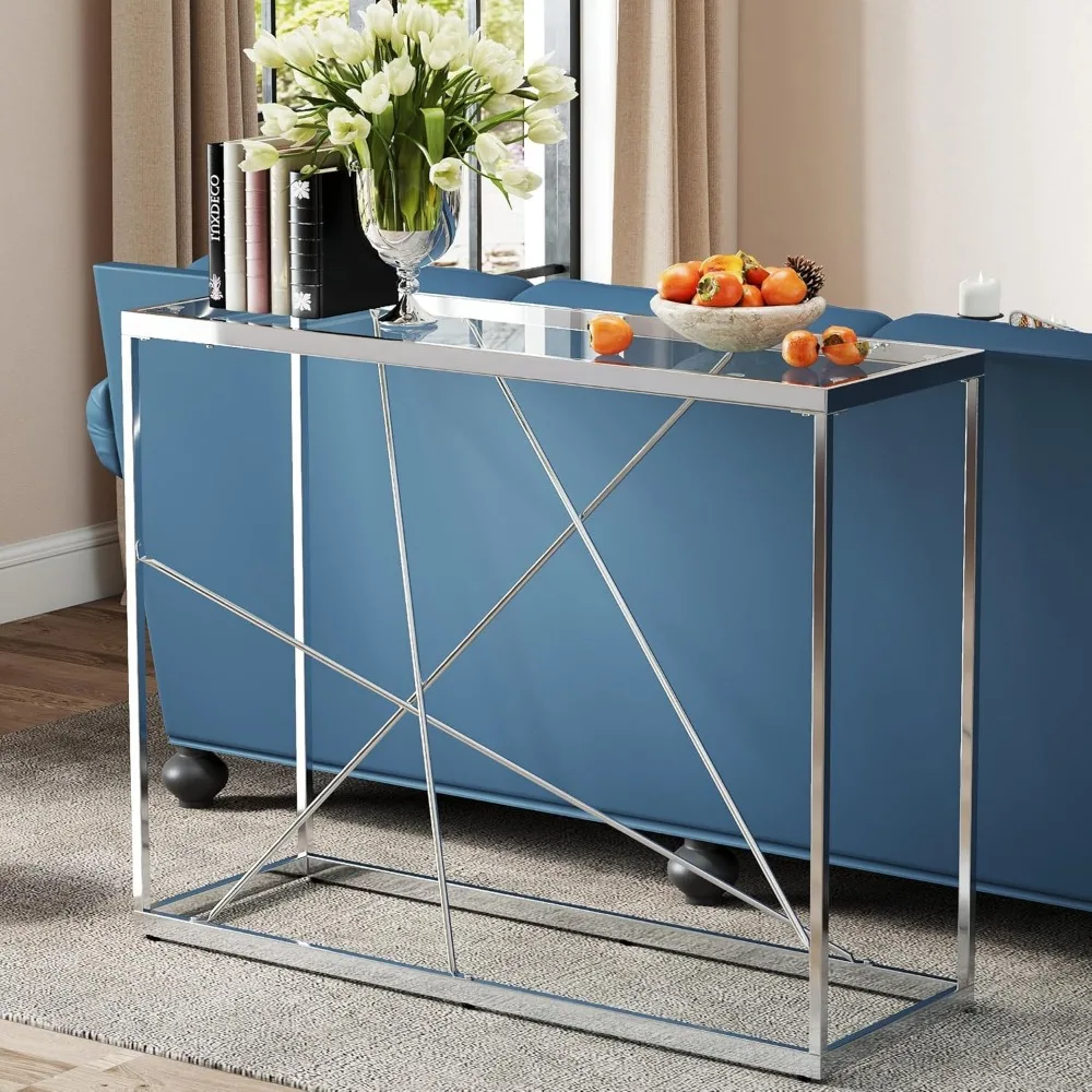 

Glass Console Table for Entryway, Modern Sofa Table with Temperes Glass Tabletop and Chrome Frame, Silver Entryway Table fo