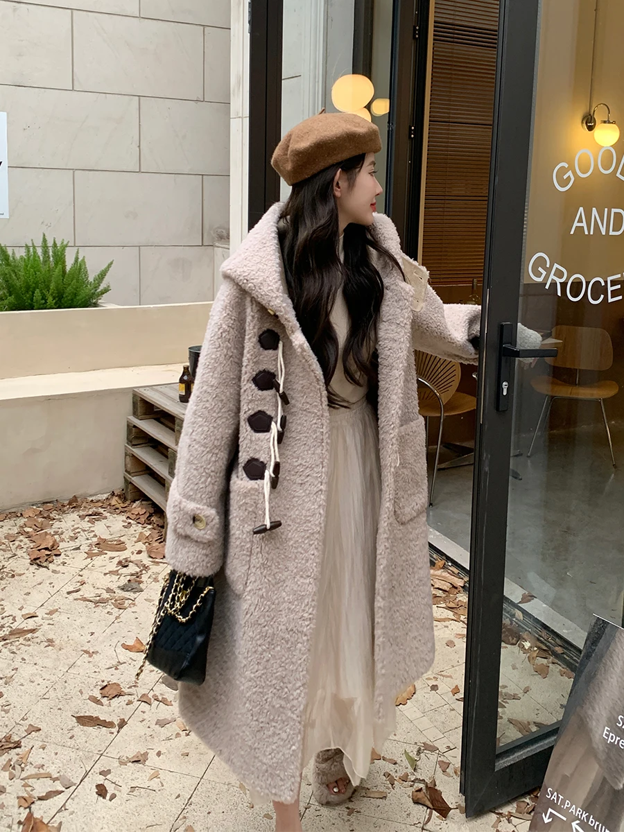 

Young Women's Brown Bear Wool Coat Thi Particle Lamb Fur Jaet Button Design Long Sve Korean Sle Commute Wind