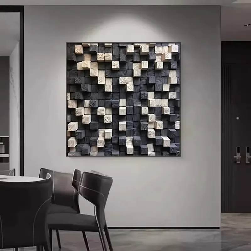 Home Decor Gray Gold Abstract Wooden Mosaic Artwork Wall Art Piece Rustic Natural Wooden Geometric Wood Carving