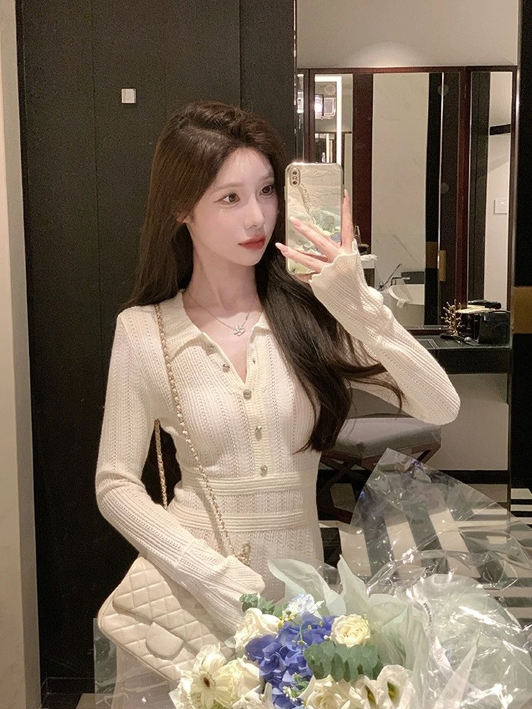 Women's French Style Openwork Long Sleeve Knit Dress Autumn Elegant Slim Waist Bodycon Mini Sweater