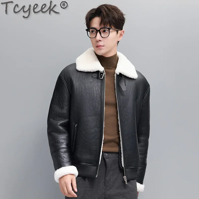 Tcyeek Natural Sheepskin Fur Coats Genuine Leather Jacket Men Winter Clothes Wool Real Fur Motocycle Jackets Casaco Masculino