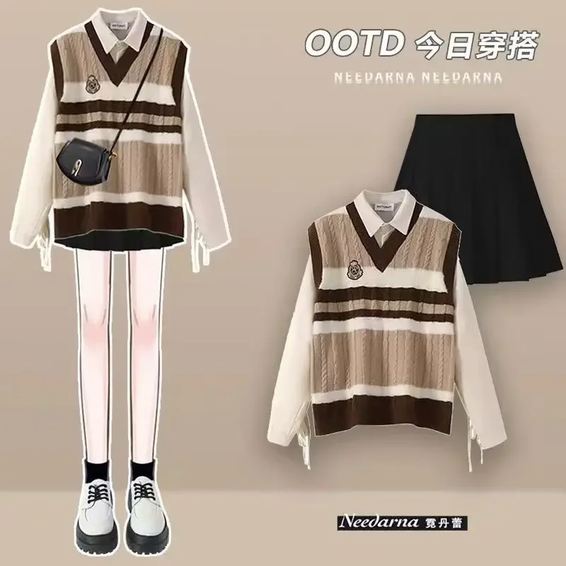 Gentle Lolita 3-Piece Set, Knitted Vest, Pleated Skirt, Japanese and Korean Fashion Edition, Casual, Autumn, New, 2024