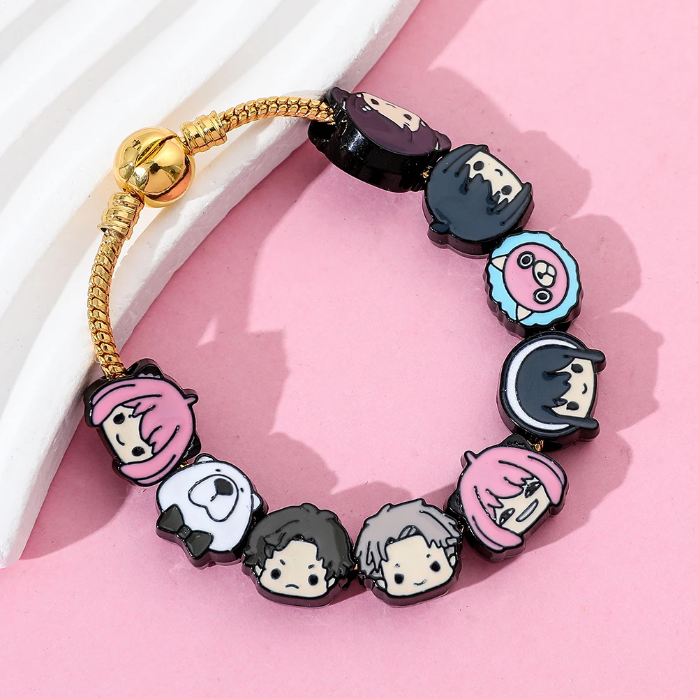 Fashion Anya Forger DIY Bracelet, Zinc Alloy Cartoon Enamel Beads, Gold‑Plated Adjustable Chain for Anime Party Cosplay Jewelry view 3
