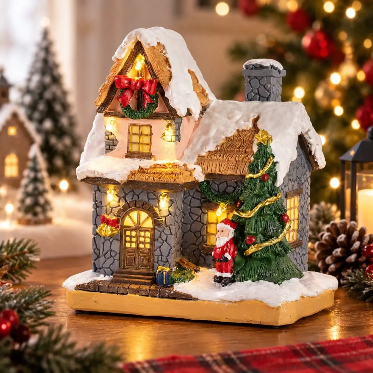Weihnachtsdorf-Haus LED-Beleuchtete Sammlerfigur Schneehütte Weihnachtsmann Baum Tisch Weihnachts-Heimdekoration Geschenk – Detail 5