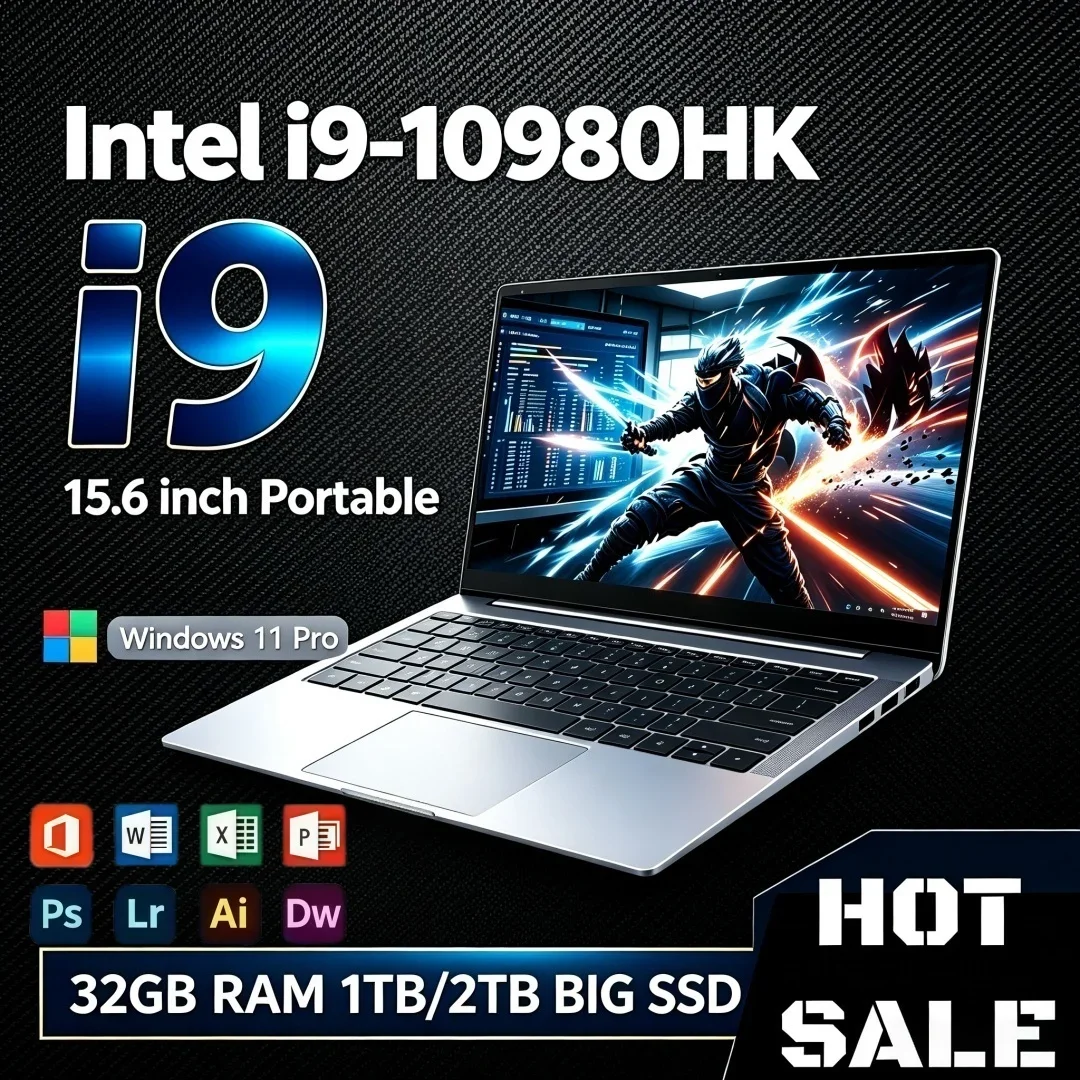 Intel i9-10980HK Stylish Ultra-thin Laptop 2026 Windows11 1/2TB Large SSD 15.6 Inch 16GB/32GB RAM