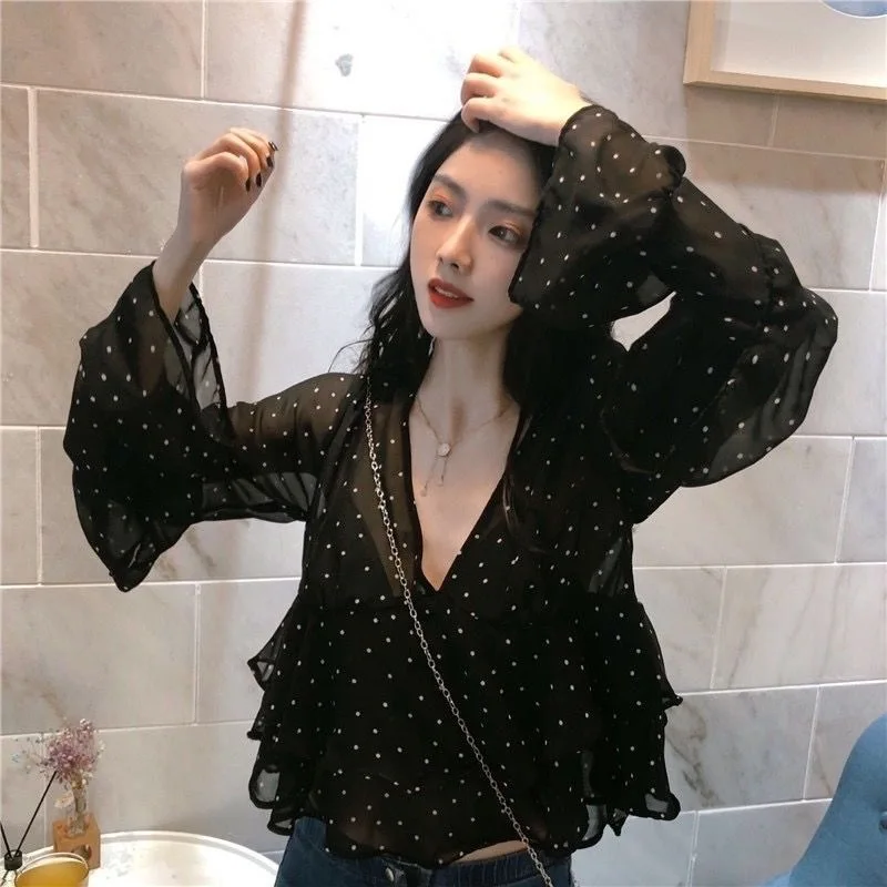 

Chic Sweet Polka Dot See through Lace Trim Flared Sleeve V Neck Loose Women's Summer Blouse Gentle Style Long Sleeve Polyester