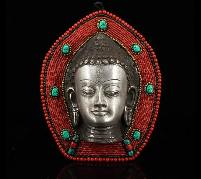 

10.4"china Antique Tibet Tibetan Silver Inlaid Gemstones Sakyamuni Head Portrait