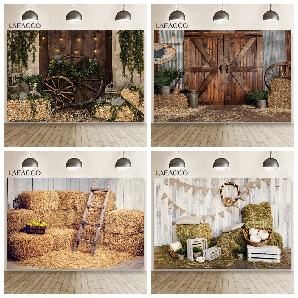 

Laeacco Rural Countryside Straw Wooden Wall Wheel Photo Backdrops Photozone Flowers Potted Plants Photography Backgrounds Props