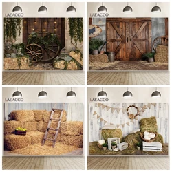 Laeacco Rural Countryside Straw Wooden Wall Wheel Photo Backdrops Photozone Flowers Potted Plants Photography Backgrounds Props