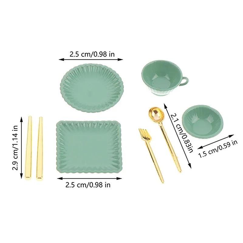 Platos en miniatura, tazas de café, cuchillos, tenedores, cucharas para juego de simulación, 7 unid/set, accesorios de juguete de cocina para casa de muñecas a escala 1:12